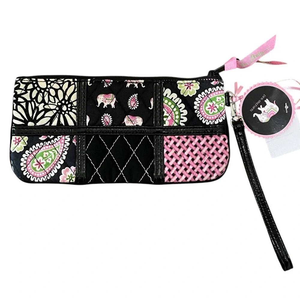 Vera Bradley Ella Wristlet Pink Elephants Black Multi Women’s Patchwork Quilted - Picture 1 of 7